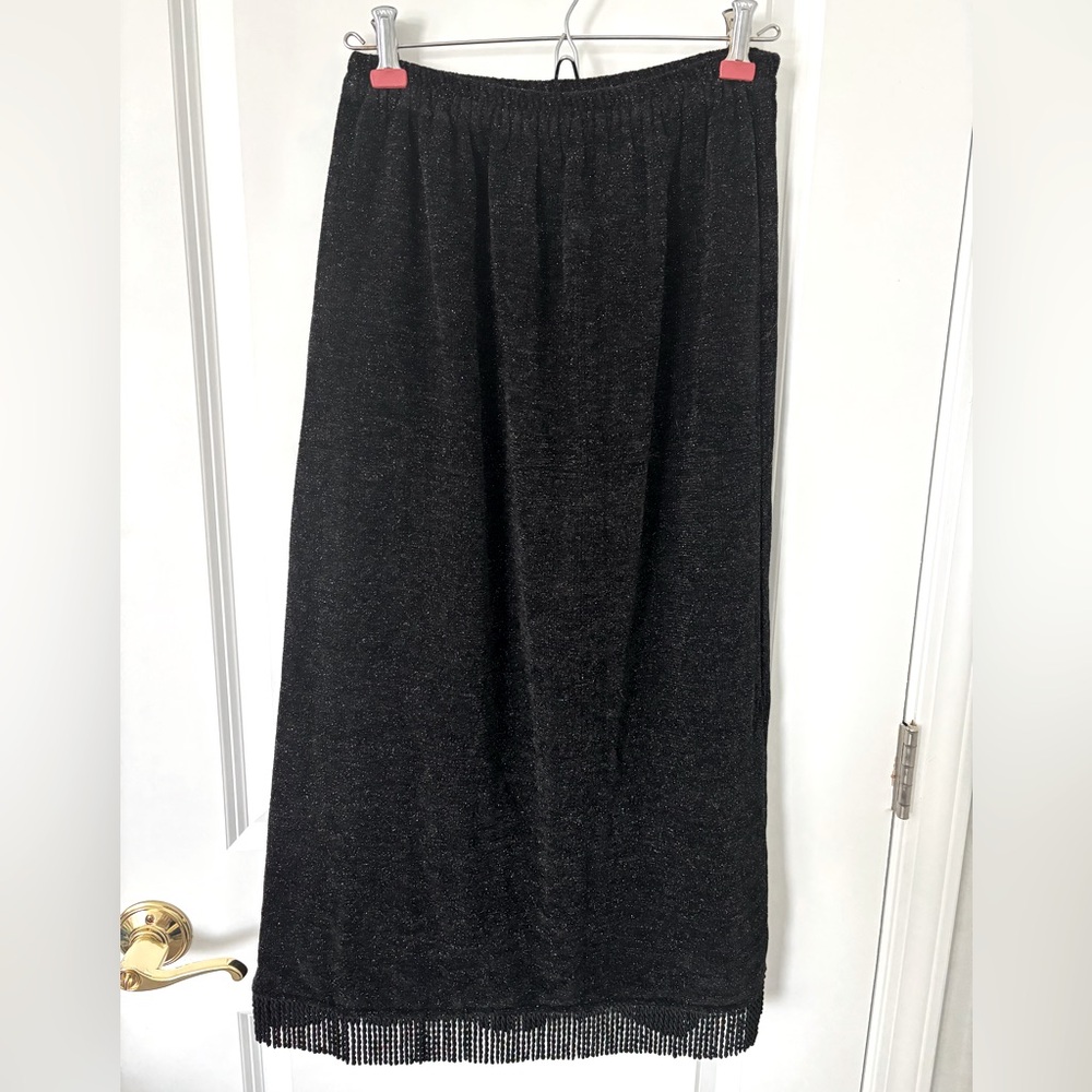 Vintage Velour Velvet Fringe Tassle Boho Black Maxi Skirt with Silver Thread.